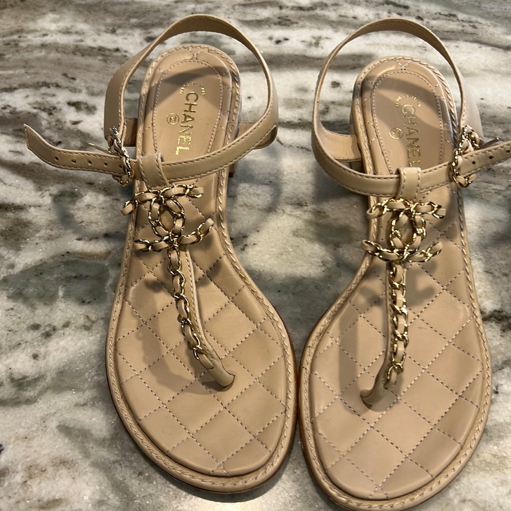 Chanel Lambskin Beige sandal Sz 37C. Wore few times.